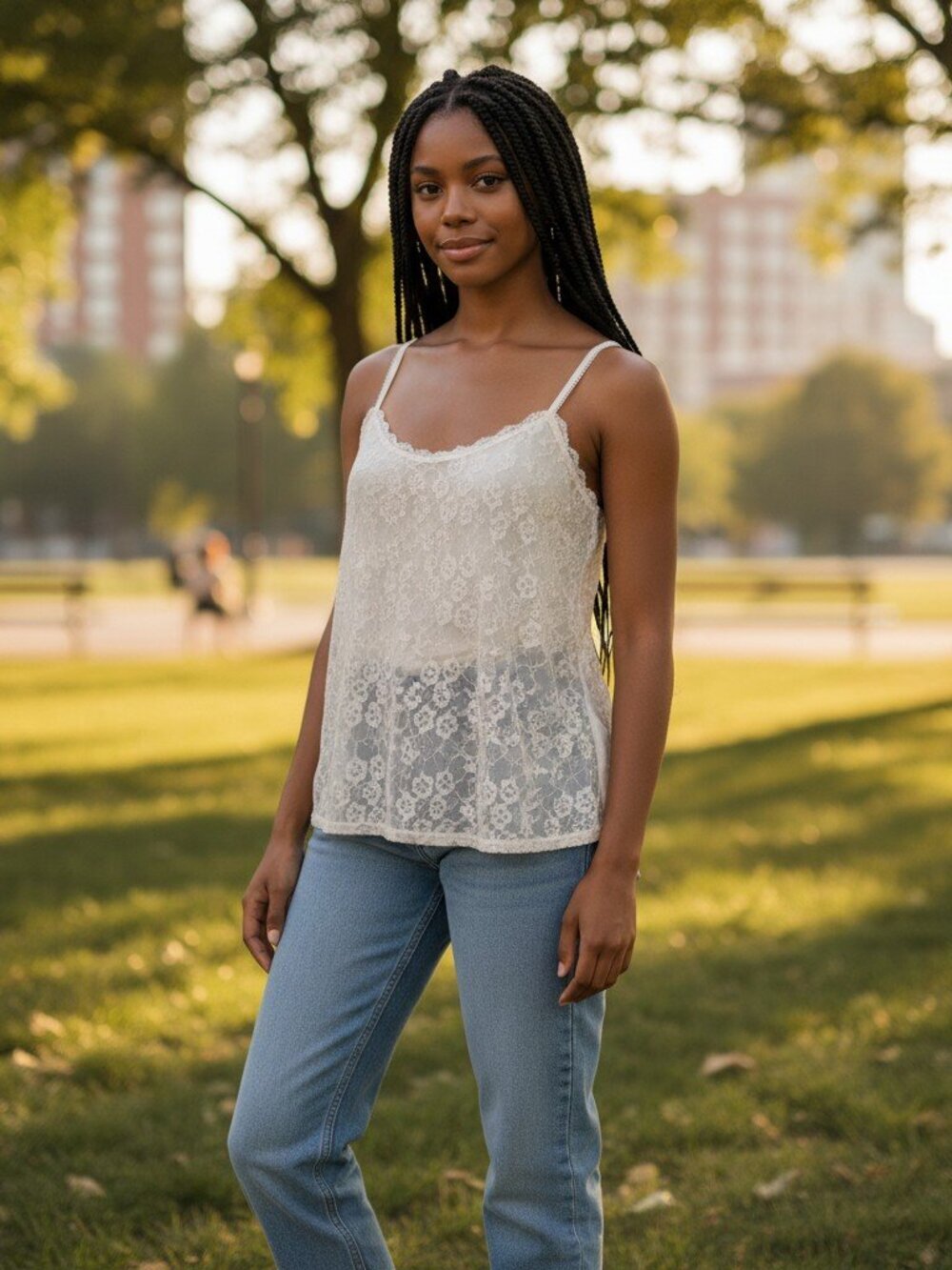 Elle Large Ivory Floral Lace Front Spaghetti Strap Cami Camisole Top Shirt L Y2K